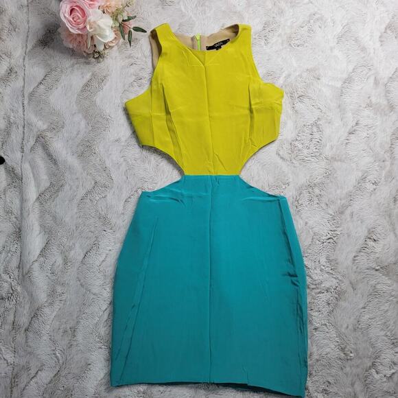 Naven Silk Shell Yellow Blue Cut Out Side Sleeveless Dress Size XS